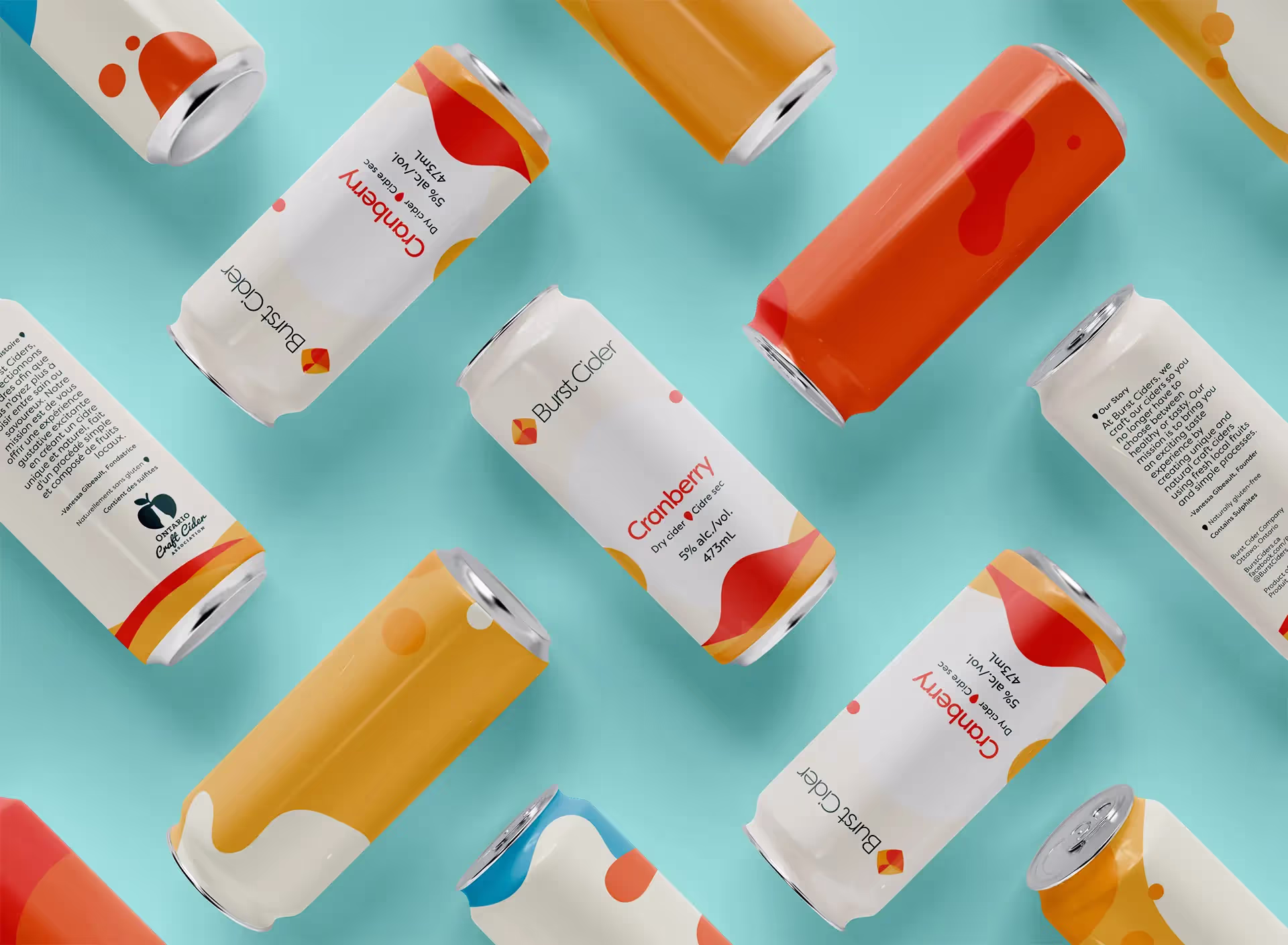 Assorted Burst Cider cans on a light blue background, featuring cranberry flavor prominently.