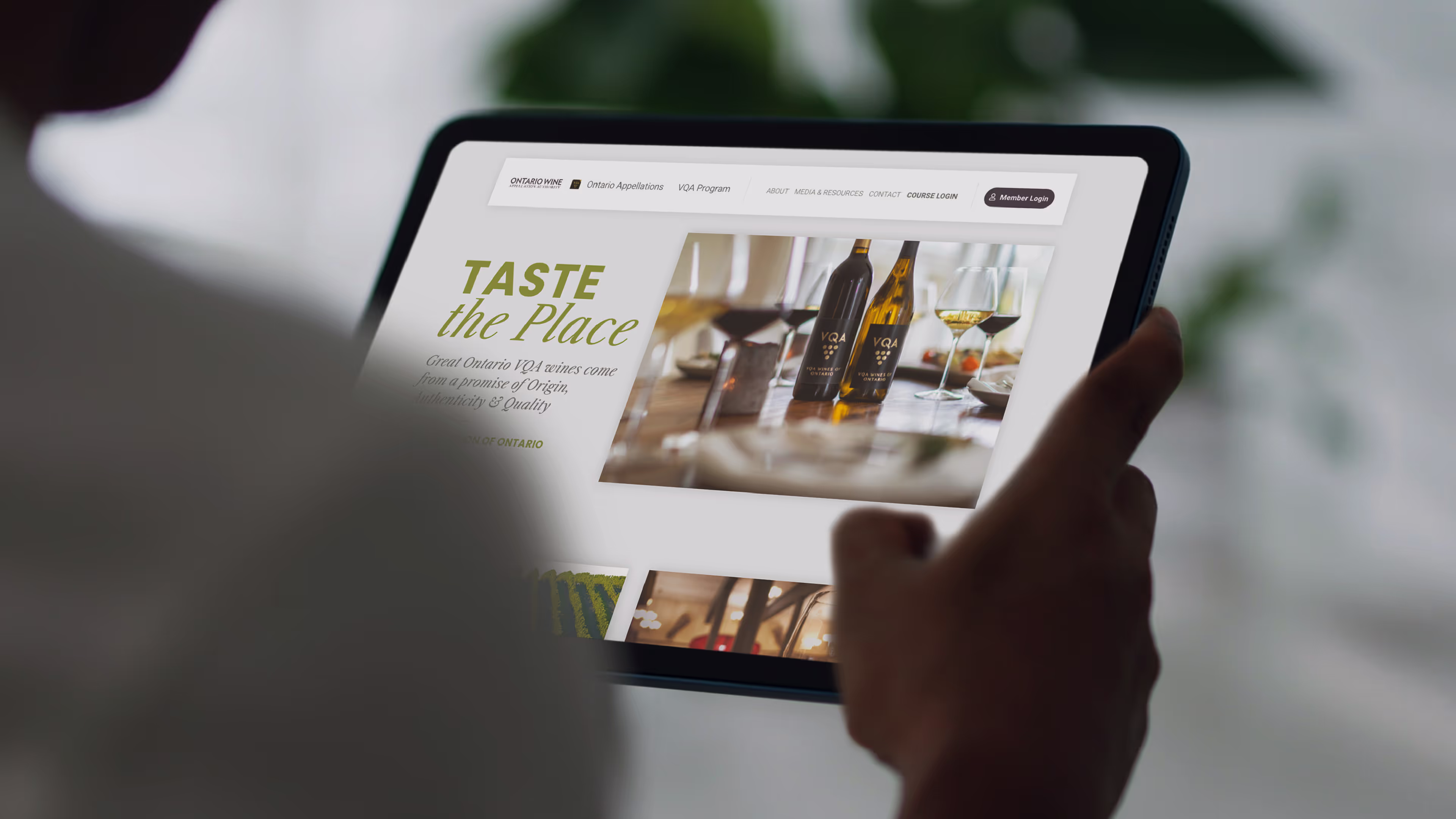 A man looking at an ipad that is displaying the VQA Ontario website