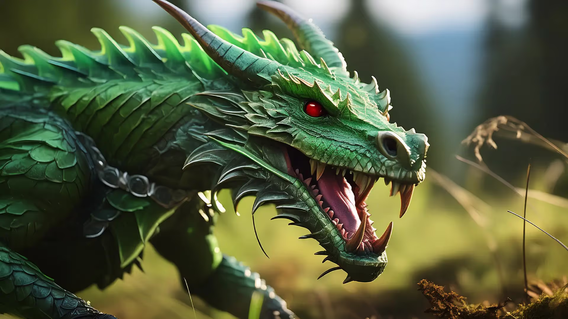 Photorealsitic green scaled dragon, growling and shrieking.  3d graphic AI generated