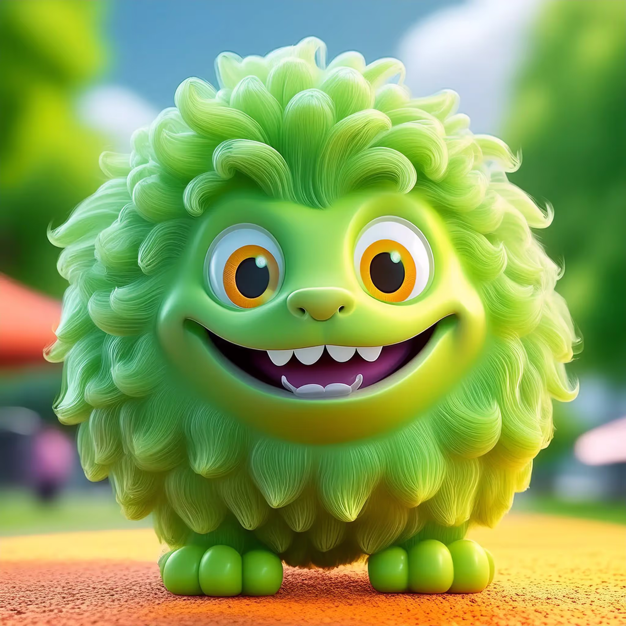 A curly furred line green monster with cartoon eyes and a big happy grin. 3d graphic AI generated