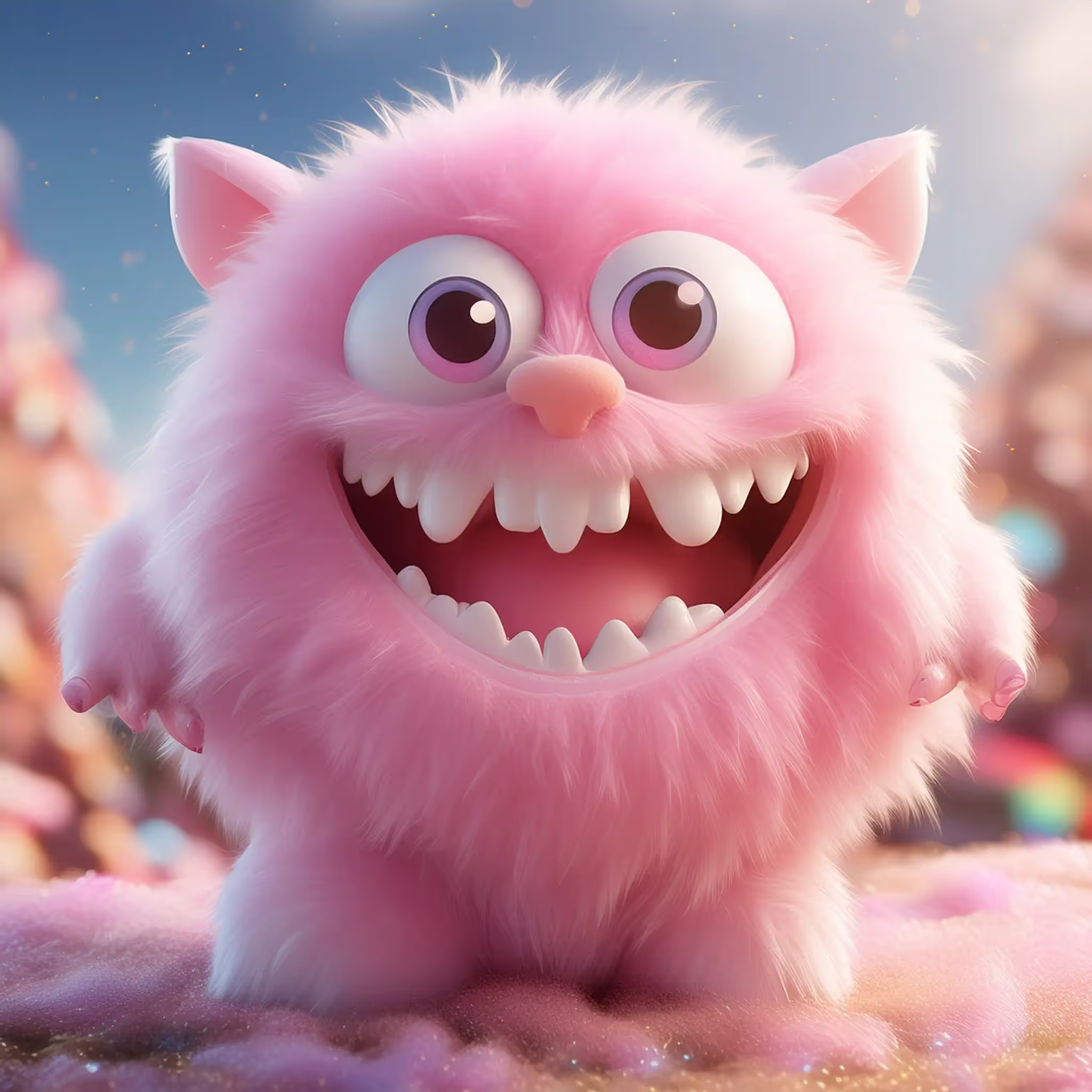 A pink fuzzy monster with cartoon eyes and a big happy grin. 3d graphic AI generated