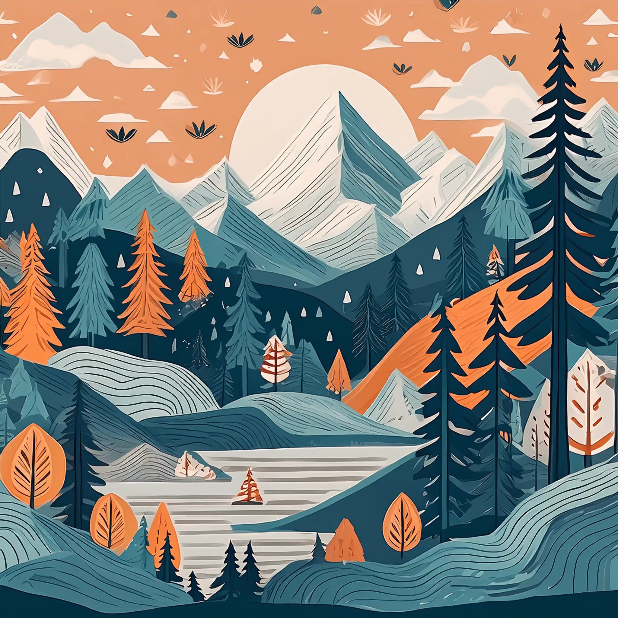 A scandinavian folk style illustration of canadian wilderness. AI generated