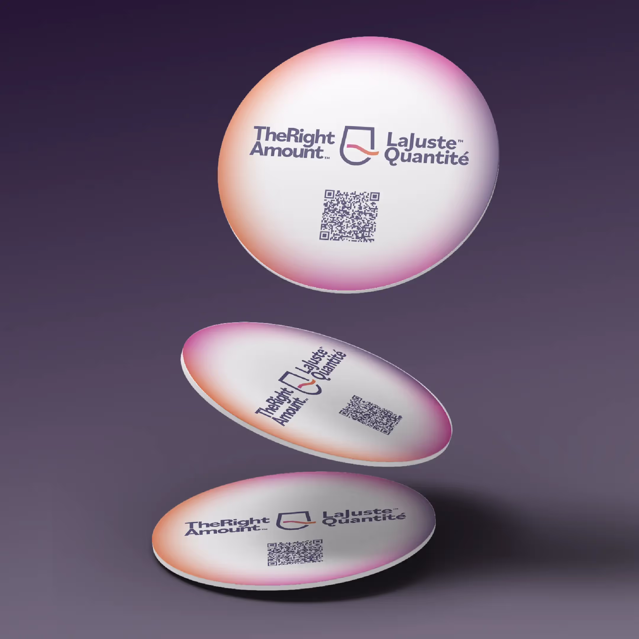 Circular drink coasters promoting The Right Amount, they include a QR code that sends people to The Right Amount website