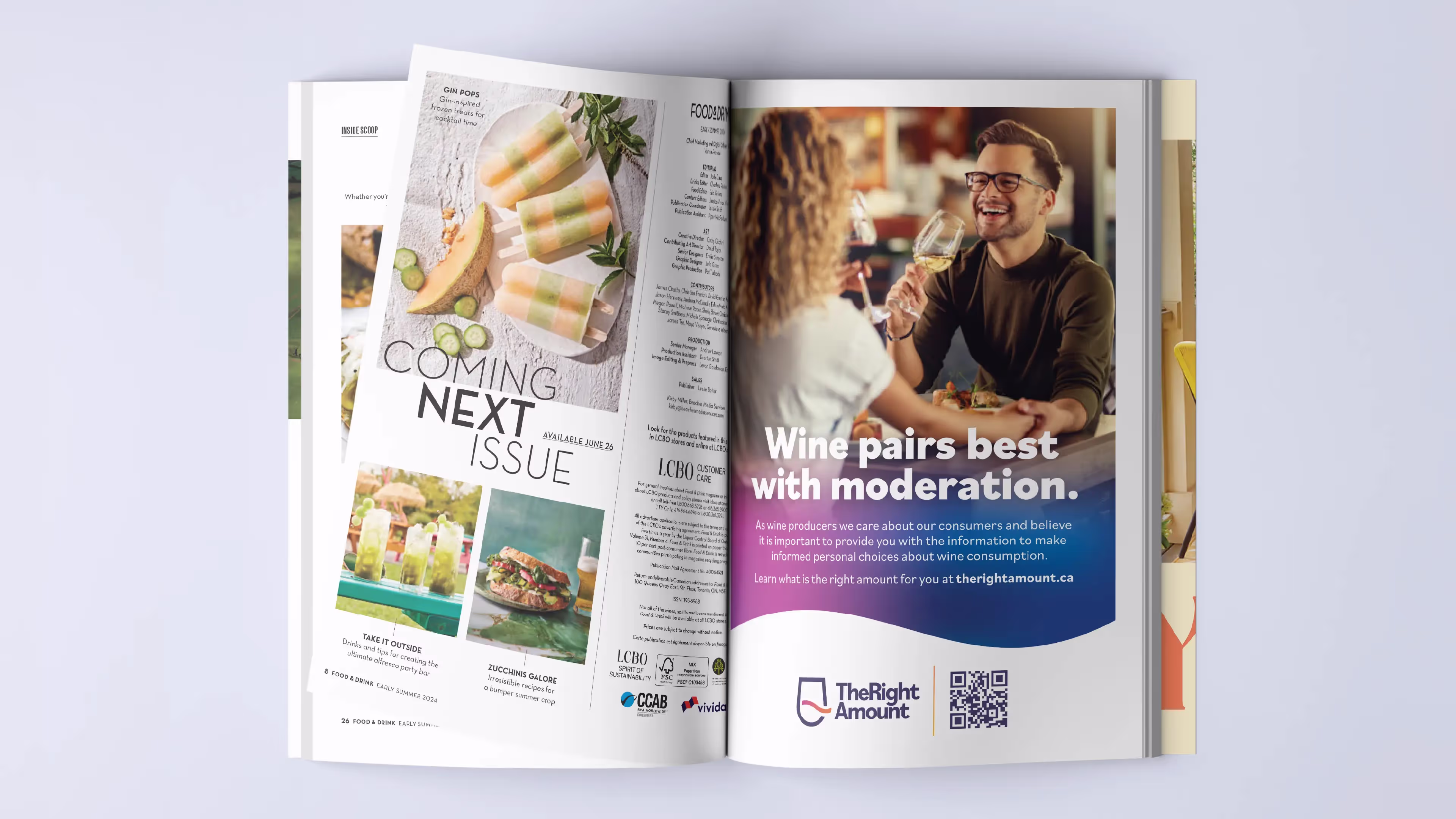 An example of a magazine ad for The Right Amount. it shows a couple out for dinner and a glass of wine on a patio with the headline being, Wine pairs best with moderation.