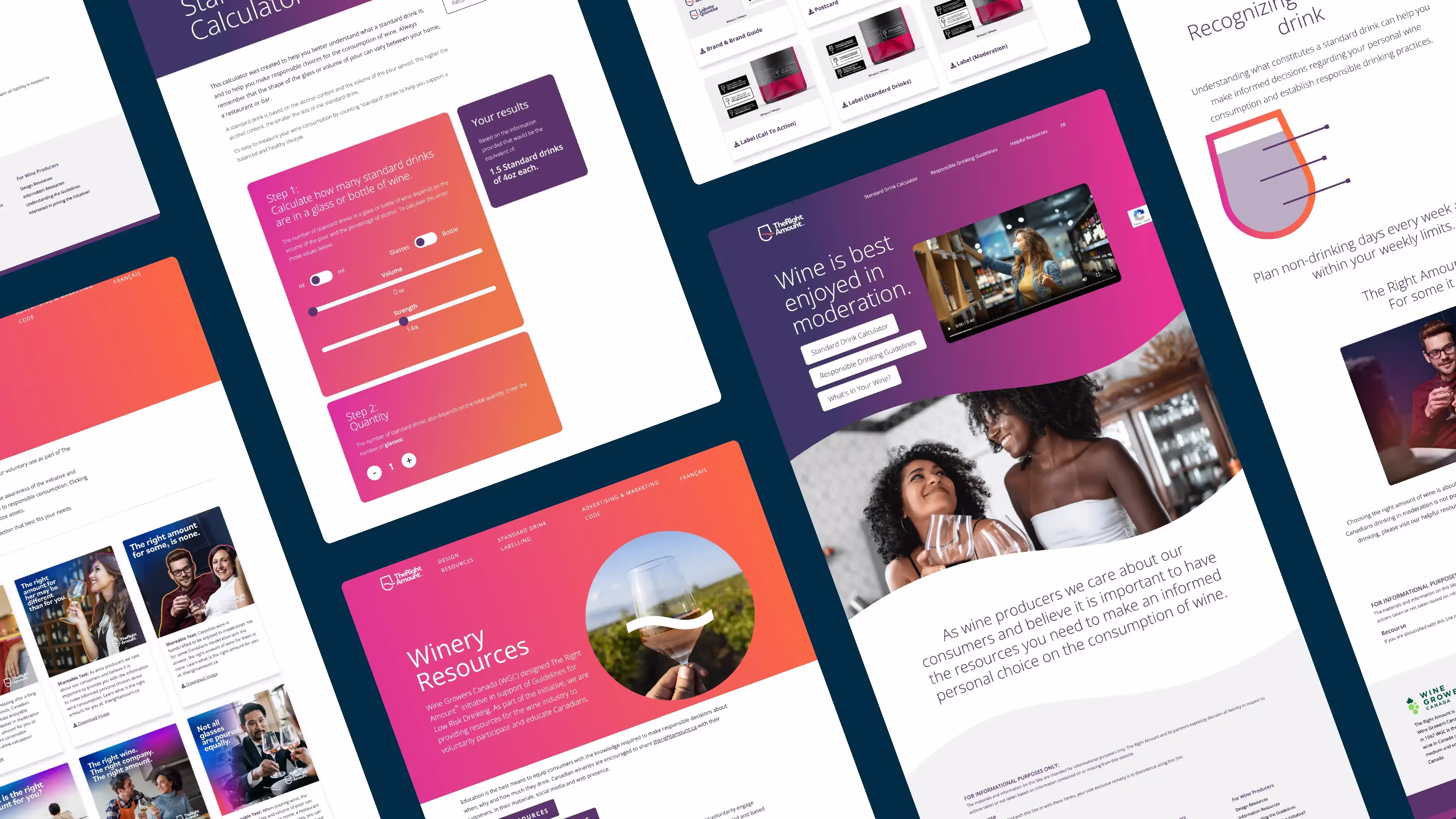 A series of screenshots of different pages of The Right Amount website. The pages are shown in a grid.